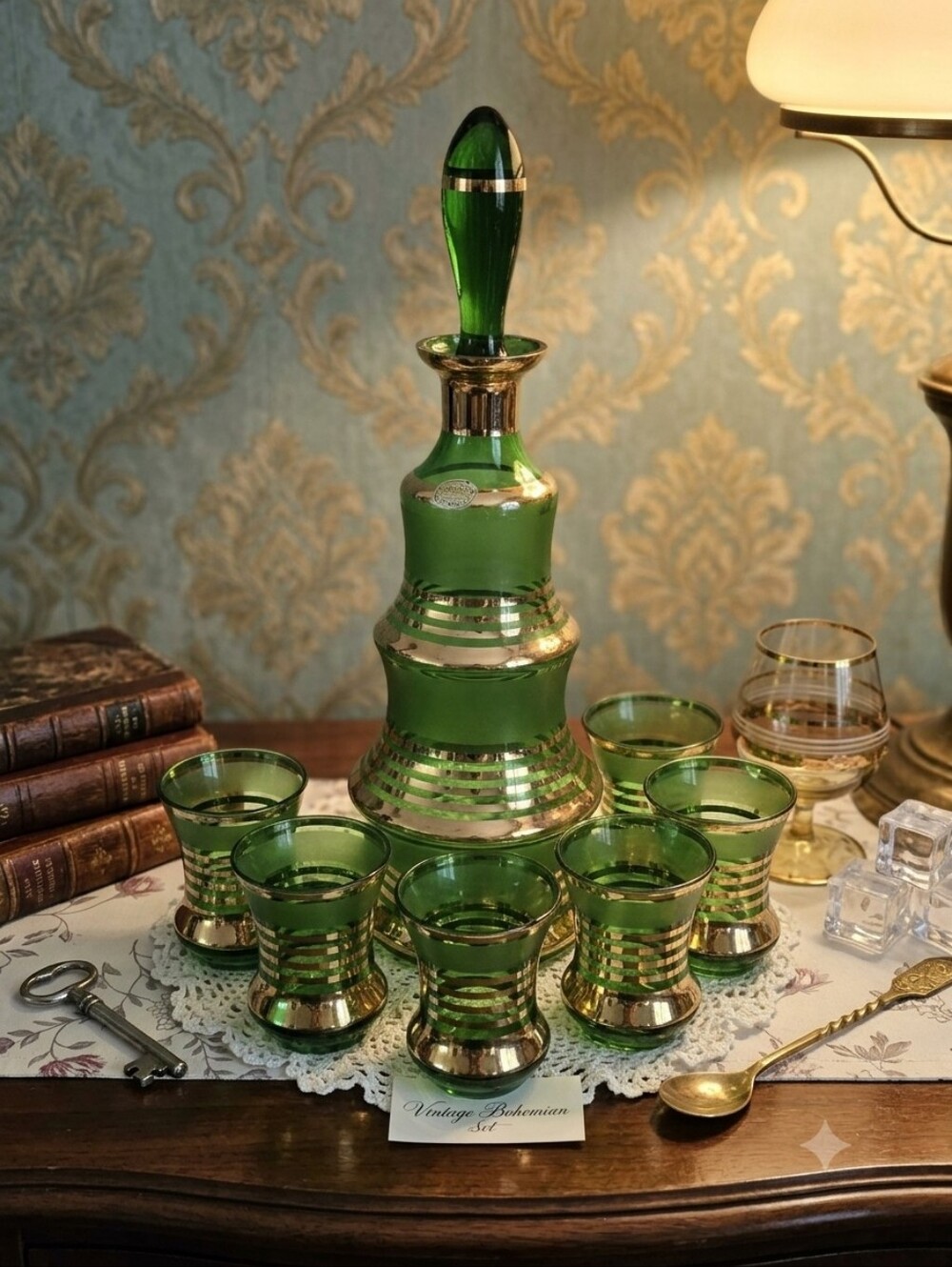 Vintage Bohemia Forest Green & Gold Trimmed Decanter & 6 Cordial Glasses Set